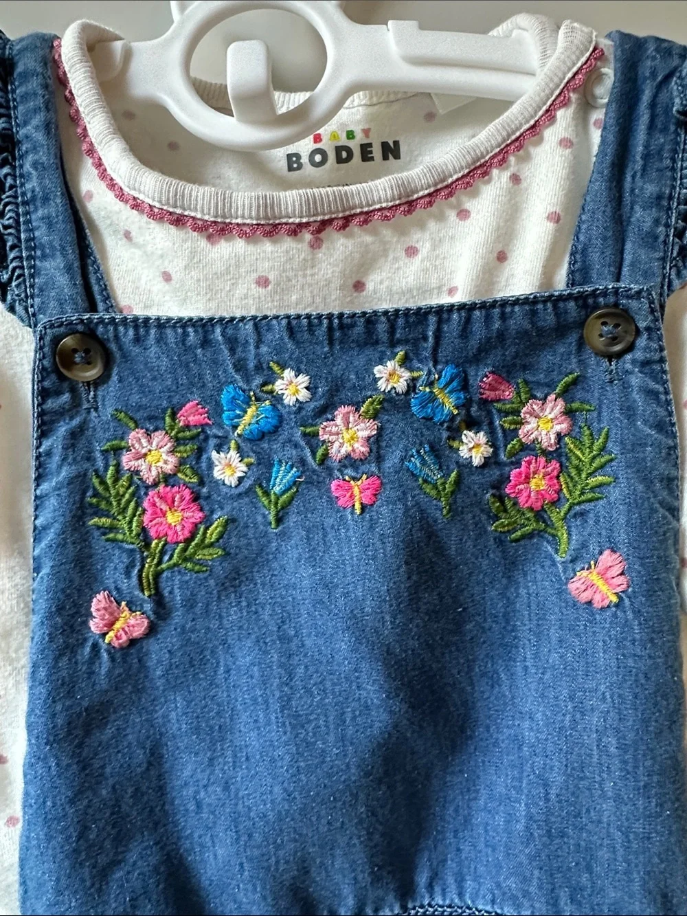 BODEN | Blue Denim Embroidered Toddler Girls' Overalls Set